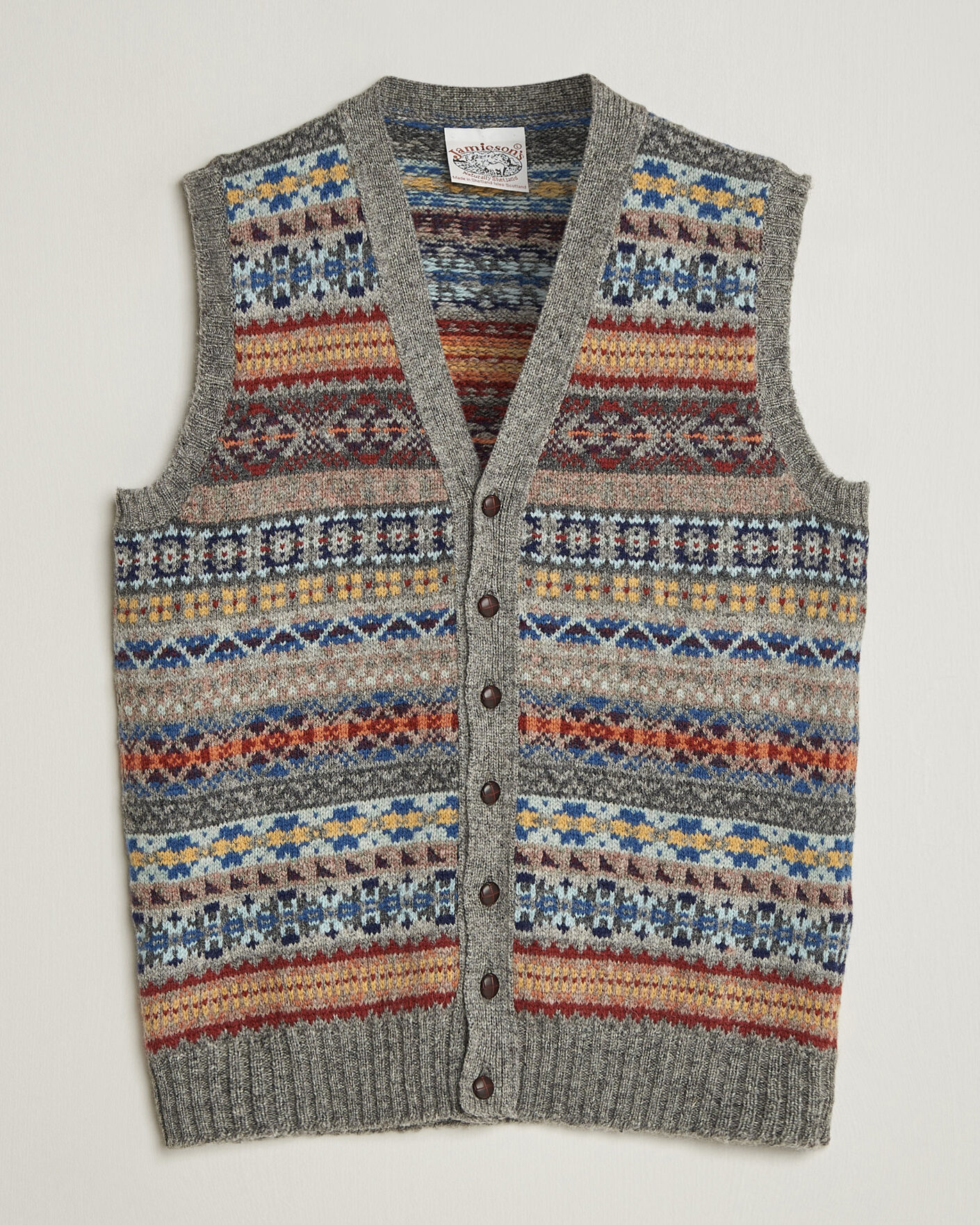 Heren | Truien | Jamieson's of Shetland | Jamiesons Of Shetland All Over Fair Isle Waistcoat Grey