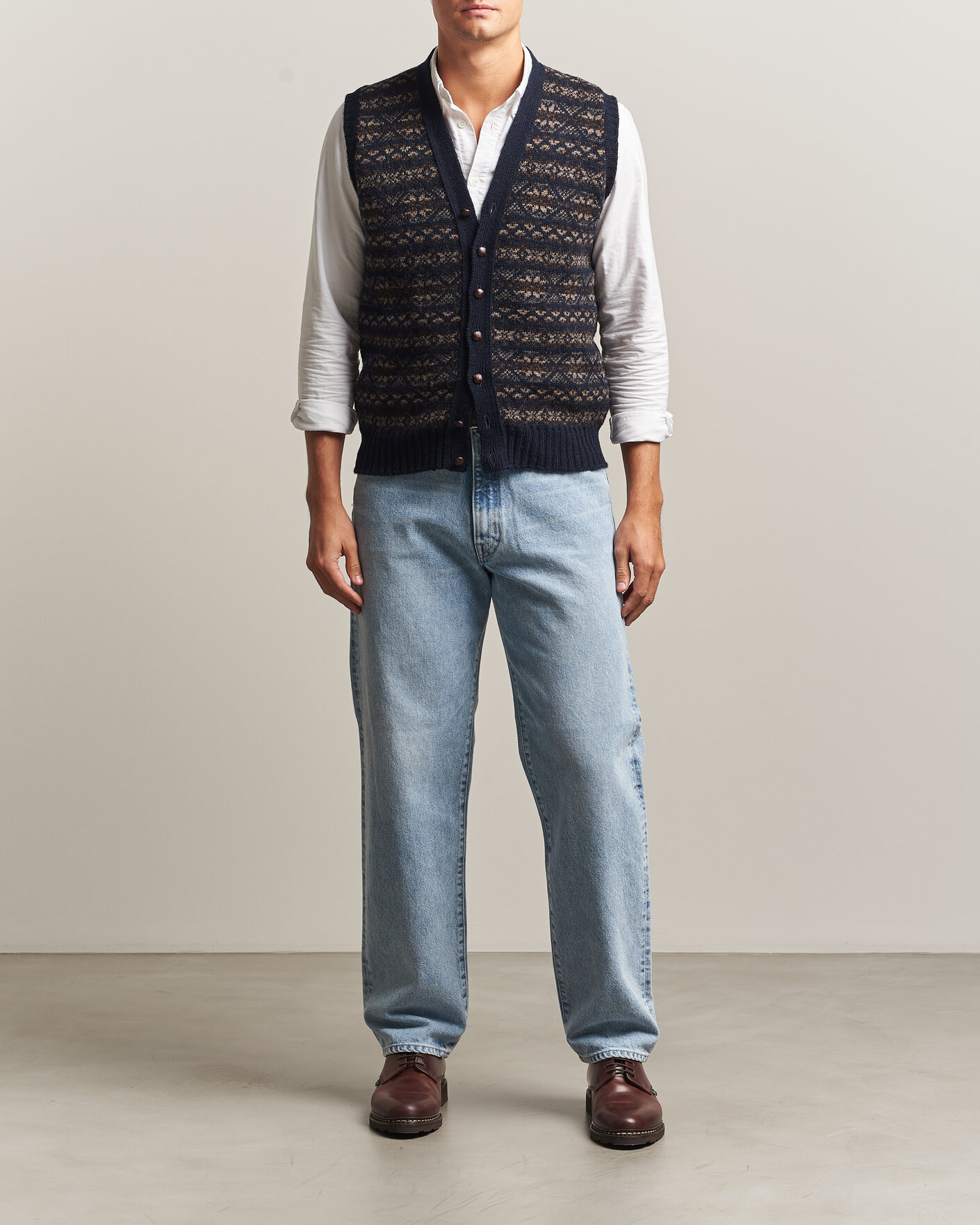 Heren | Truien | Jamieson's of Shetland | Jamiesons Of Shetland All Over Fair Isle Waistcoat Navy