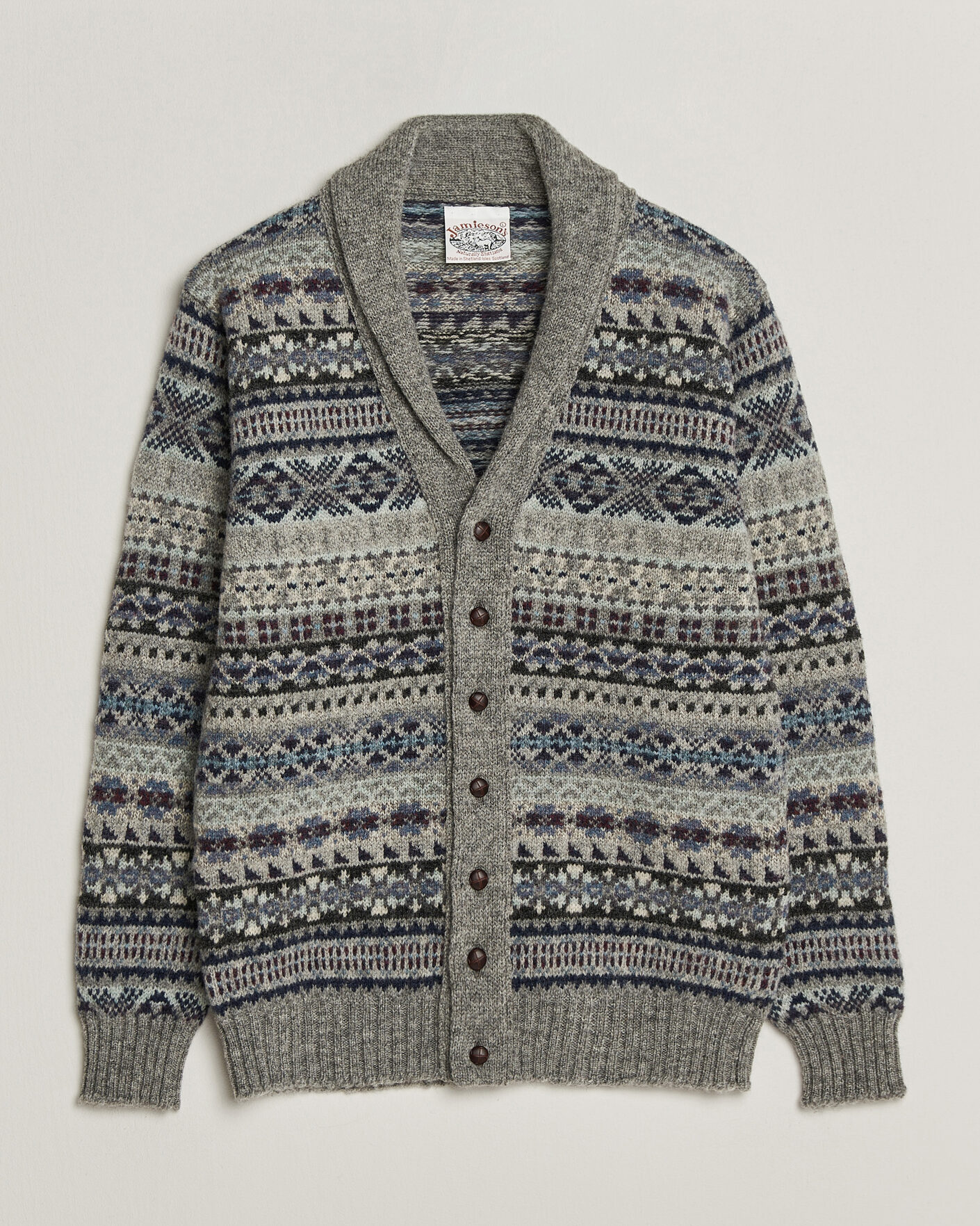 Heren | Truien | Jamieson's of Shetland | Jamiesons Of Shetland All Over Fair Isle Shawl Collar Cardigan Grey