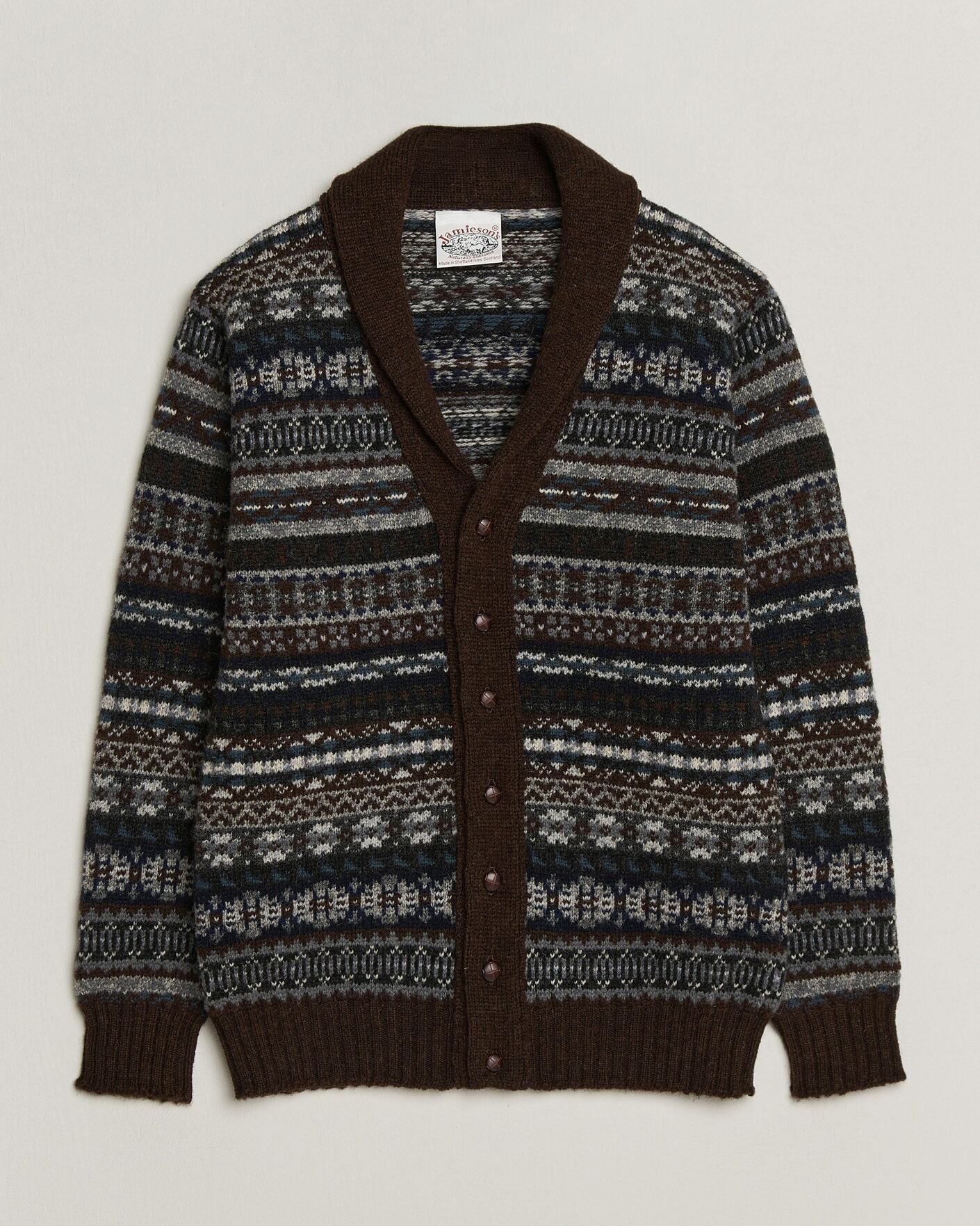 Heren | Truien | Jamieson's of Shetland | Jamiesons Of Shetland All Over Fair Isle Shawl Collar Cardigan Brown