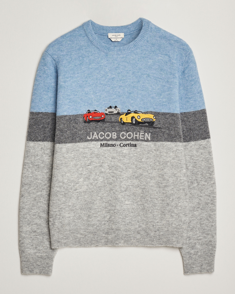 Heren | Truien | Jacob Cohën | Embroidery Knitted Milano-Cortina Crew Neck Grey/Blue