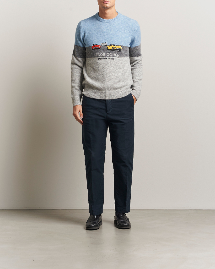 Heren | Truien | Jacob Cohën | Embroidery Knitted Milano-Cortina Crew Neck Grey/Blue