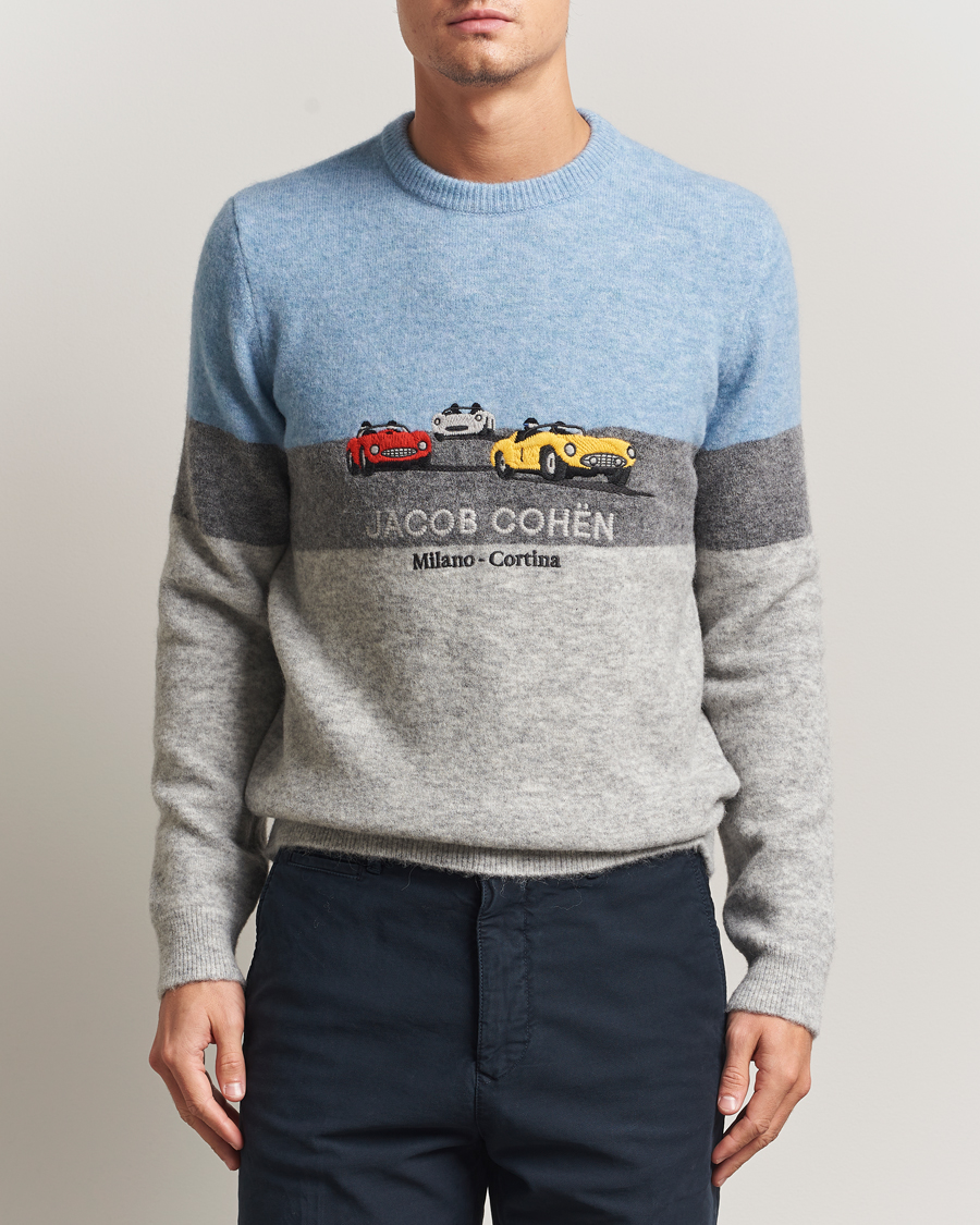 Heren | Truien | Jacob Cohën | Embroidery Knitted Milano-Cortina Crew Neck Grey/Blue