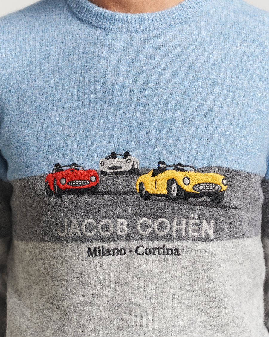 Heren | Truien | Jacob Cohën | Embroidery Knitted Milano-Cortina Crew Neck Grey/Blue