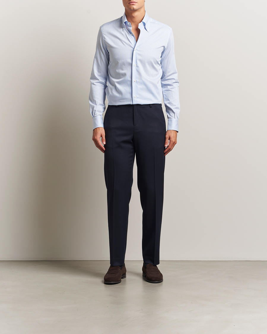 Heren | Overhemden | Mazzarelli | Soft Cotton Twill Button Down Shirt Light Blue Stripe