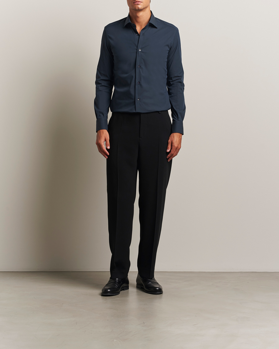 Heren | Overhemden | Mazzarelli | Soft Cotton/Stretch Cut Away Shirt Navy