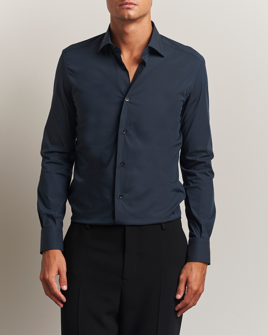 Heren | Overhemden | Mazzarelli | Soft Cotton/Stretch Cut Away Shirt Navy
