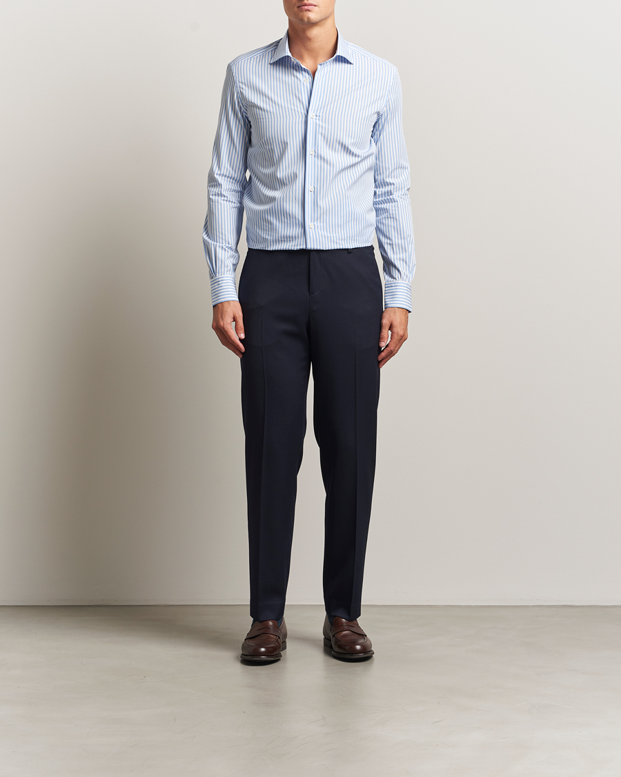Heren | Overhemden | Mazzarelli | Soft Cotton/Stretch Cut Away Shirt Light Blue Stripe