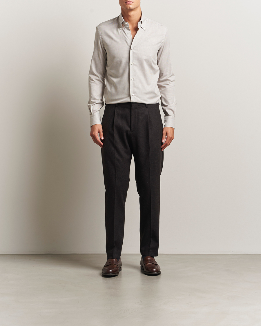 Heren | Overhemden | Mazzarelli | Soft Flannel Button Down Shirt Beige