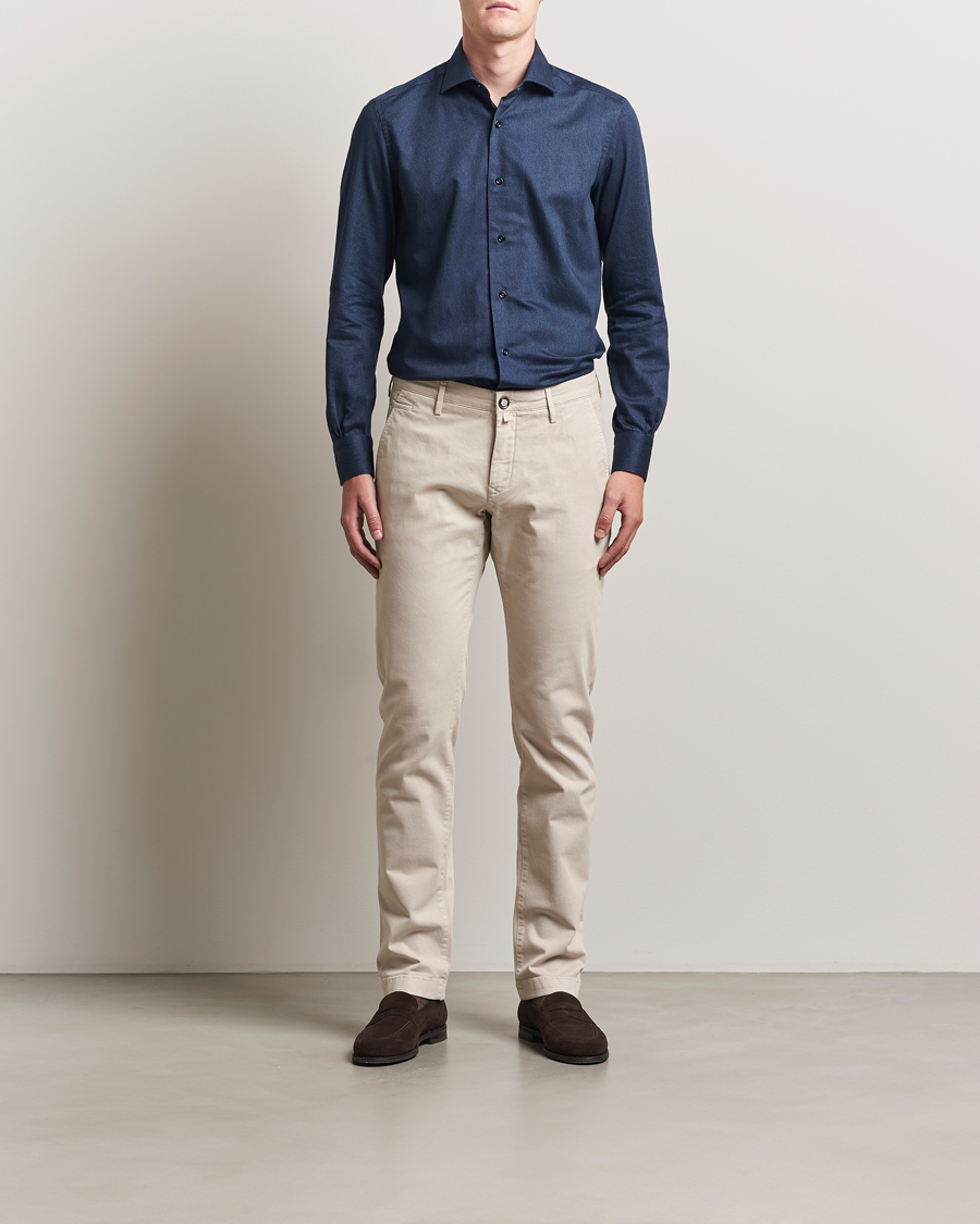 Heren | Overhemden | Mazzarelli | Soft Flannel Cut Away Shirt Navy