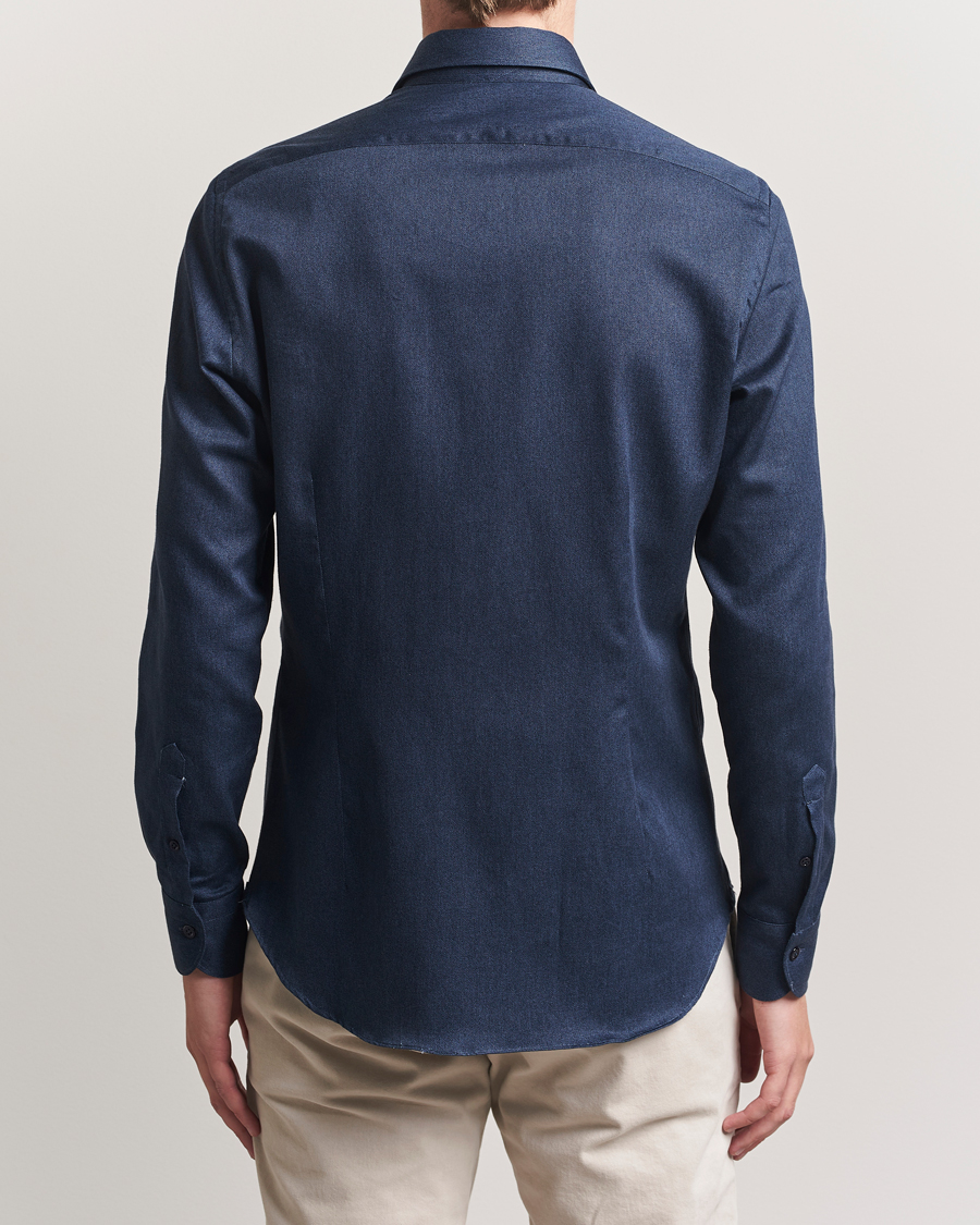 Heren | Overhemden | Mazzarelli | Soft Flannel Cut Away Shirt Navy