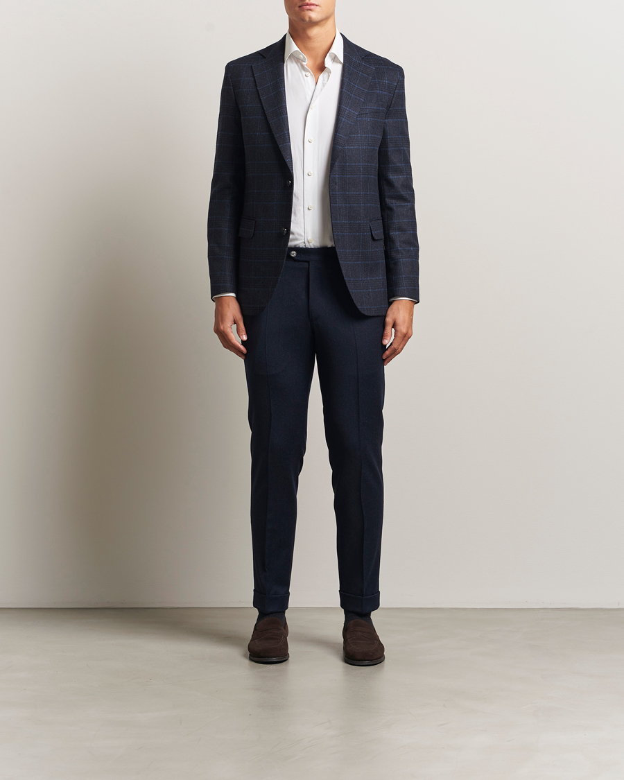 Heren | Broeken | Oscar Jacobson | Dandy Turn Up Flannel Trousers Navy