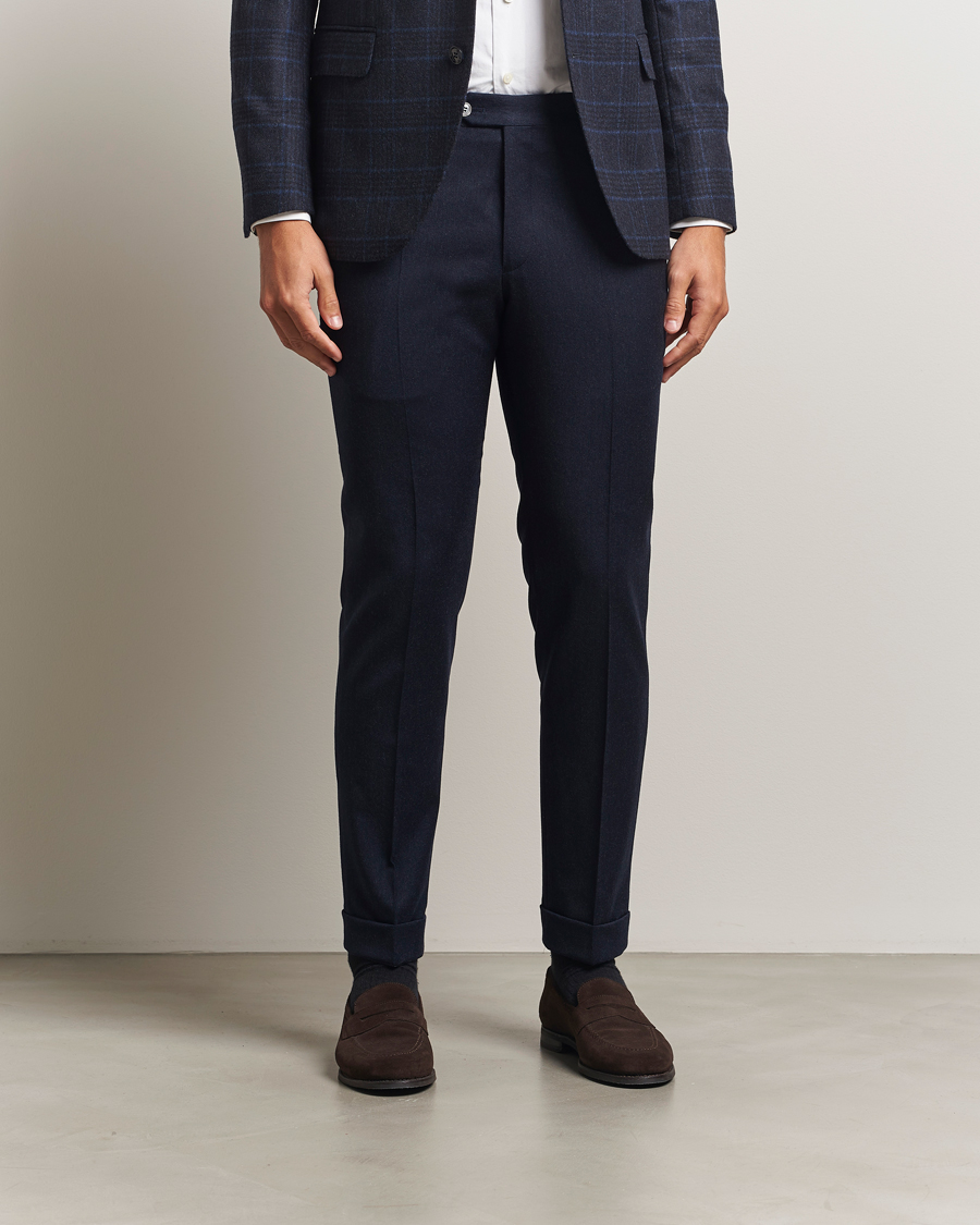 Heren | Broeken | Oscar Jacobson | Dandy Turn Up Flannel Trousers Navy