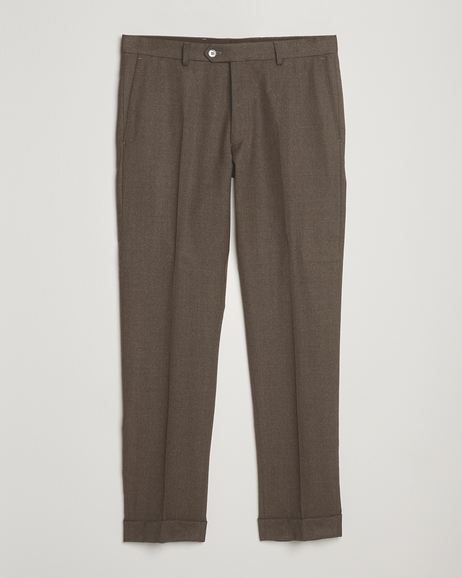 Heren | Broeken | Oscar Jacobson | Dandy Turn Up Flannel Trousers Brown