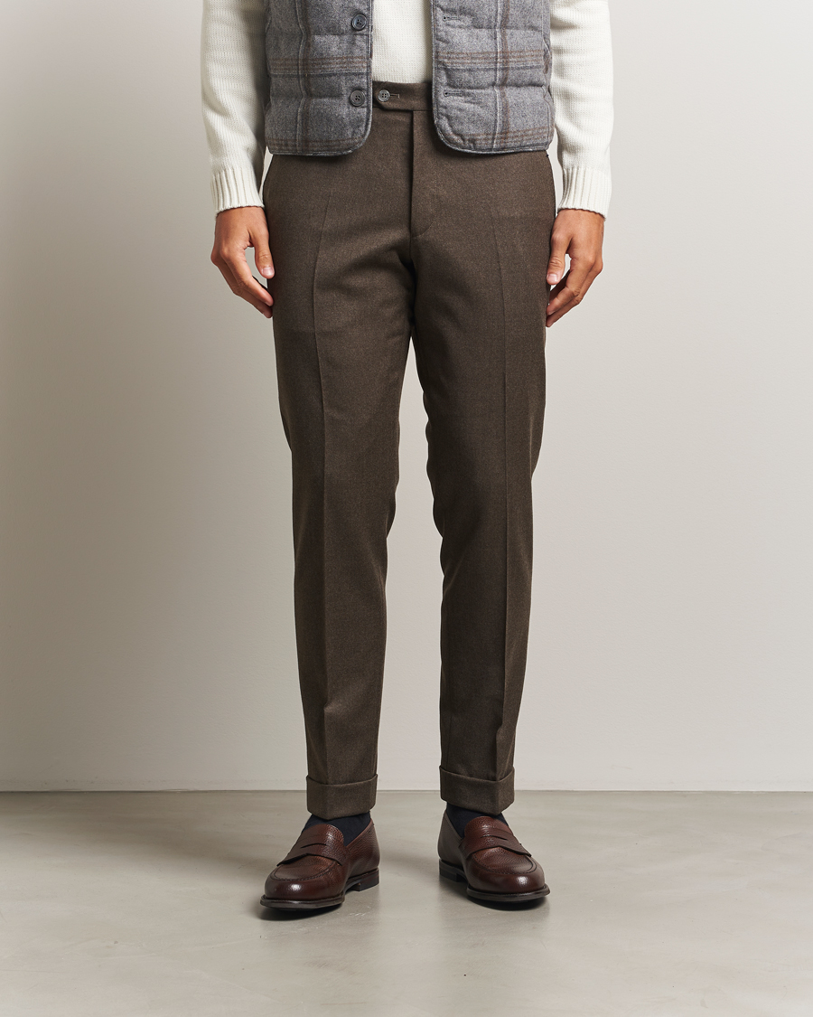 Heren | Broeken | Oscar Jacobson | Dandy Turn Up Flannel Trousers Brown