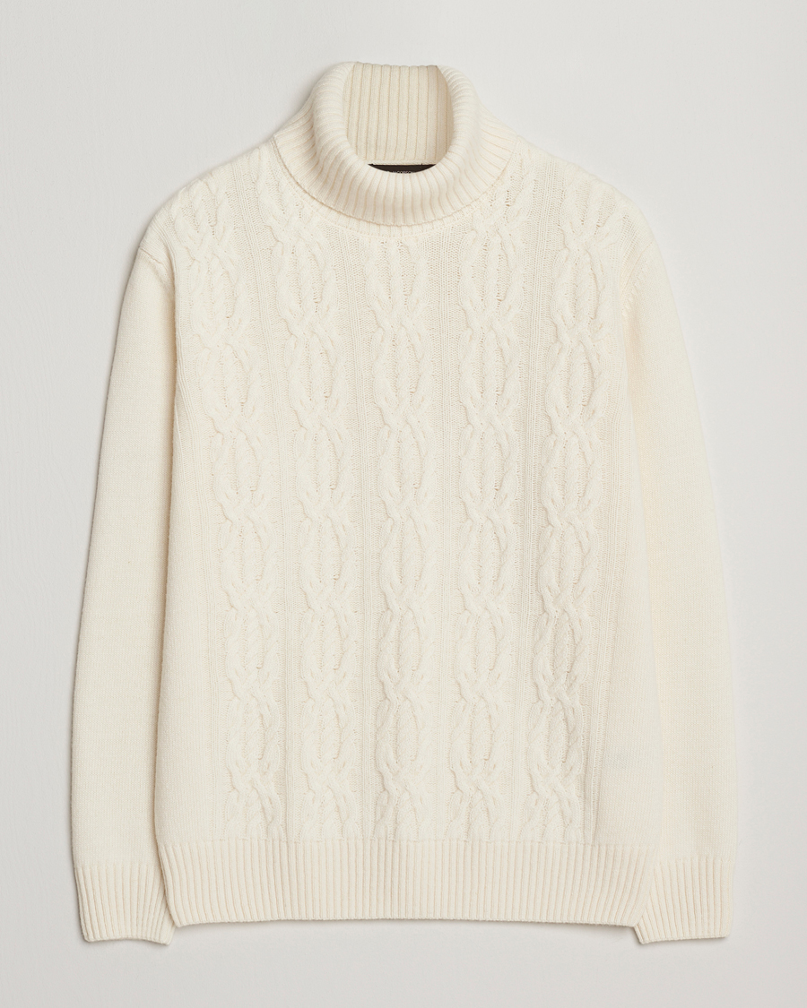 Heren | Truien | Oscar Jacobson | Heavy Knitted Wool/Cashmere Cable Polo White