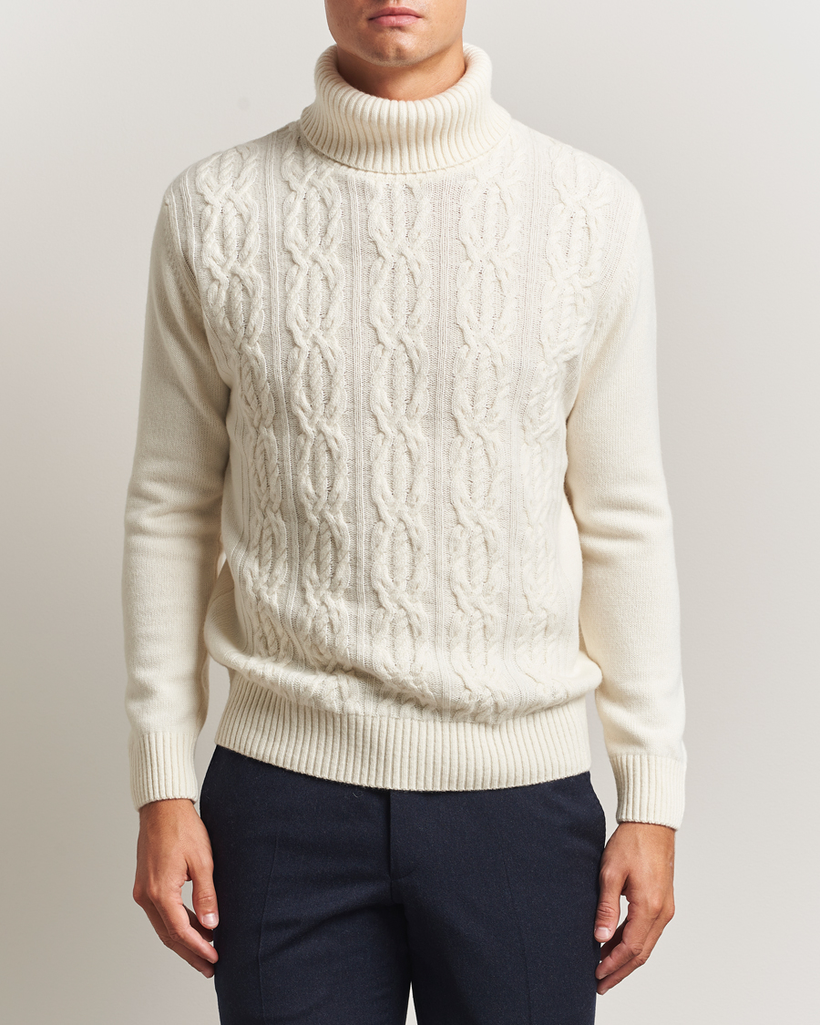 Heren | Truien | Oscar Jacobson | Heavy Knitted Wool/Cashmere Cable Polo White