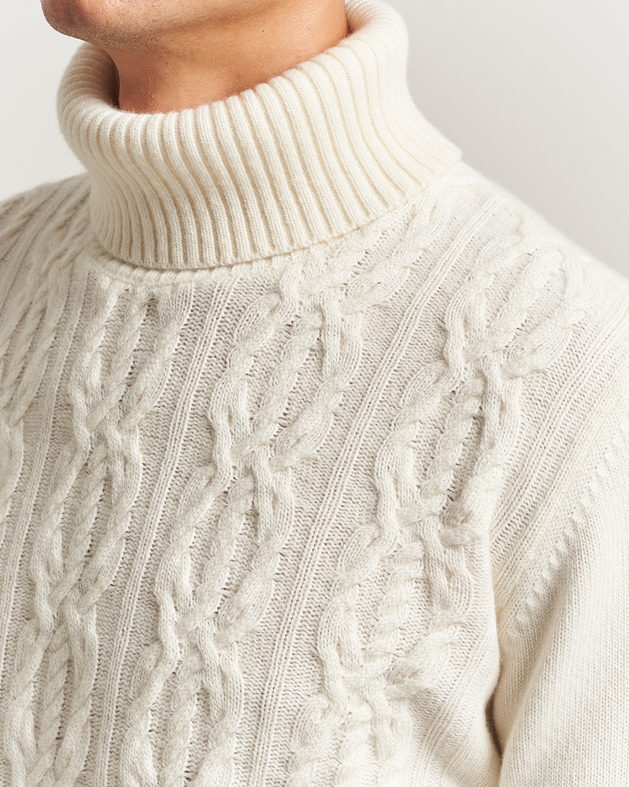 Heren | Truien | Oscar Jacobson | Heavy Knitted Wool/Cashmere Cable Polo White
