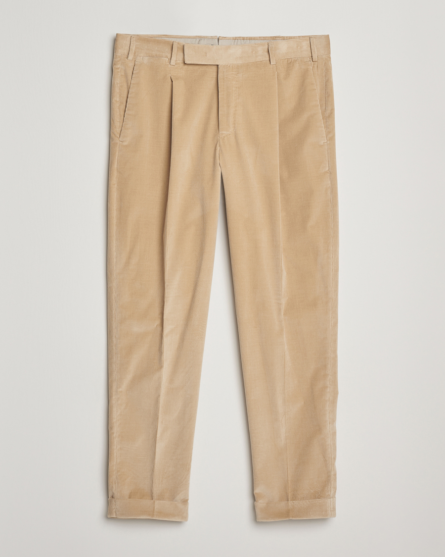 Heren | Broeken | PT01 | Slim Fit Pleated Corduroy Trousers Light Beige