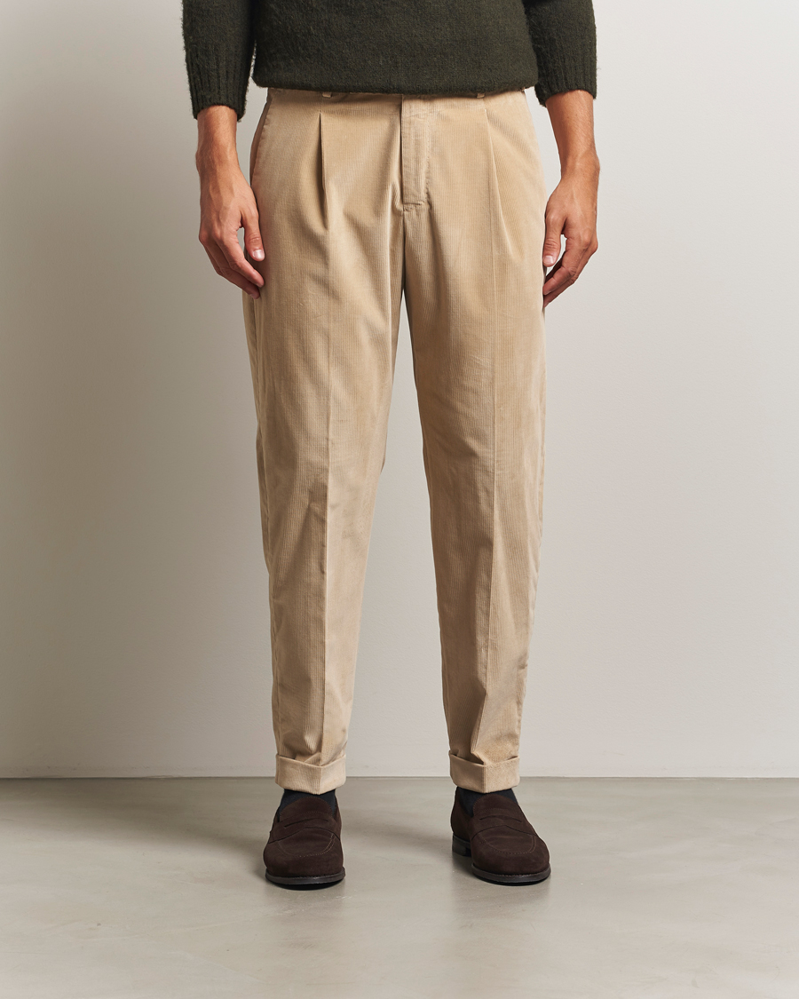Heren | Broeken | PT01 | Slim Fit Pleated Corduroy Trousers Light Beige