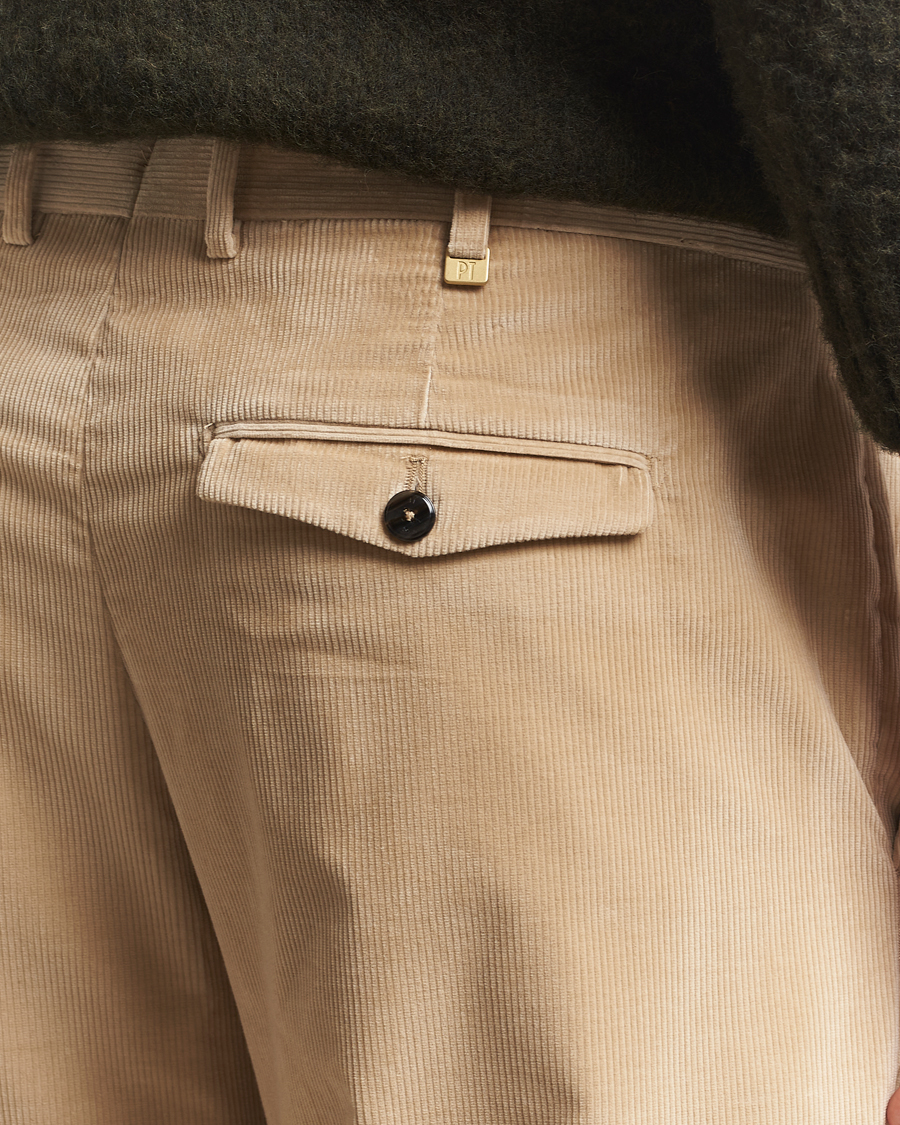 Heren | Broeken | PT01 | Slim Fit Pleated Corduroy Trousers Light Beige