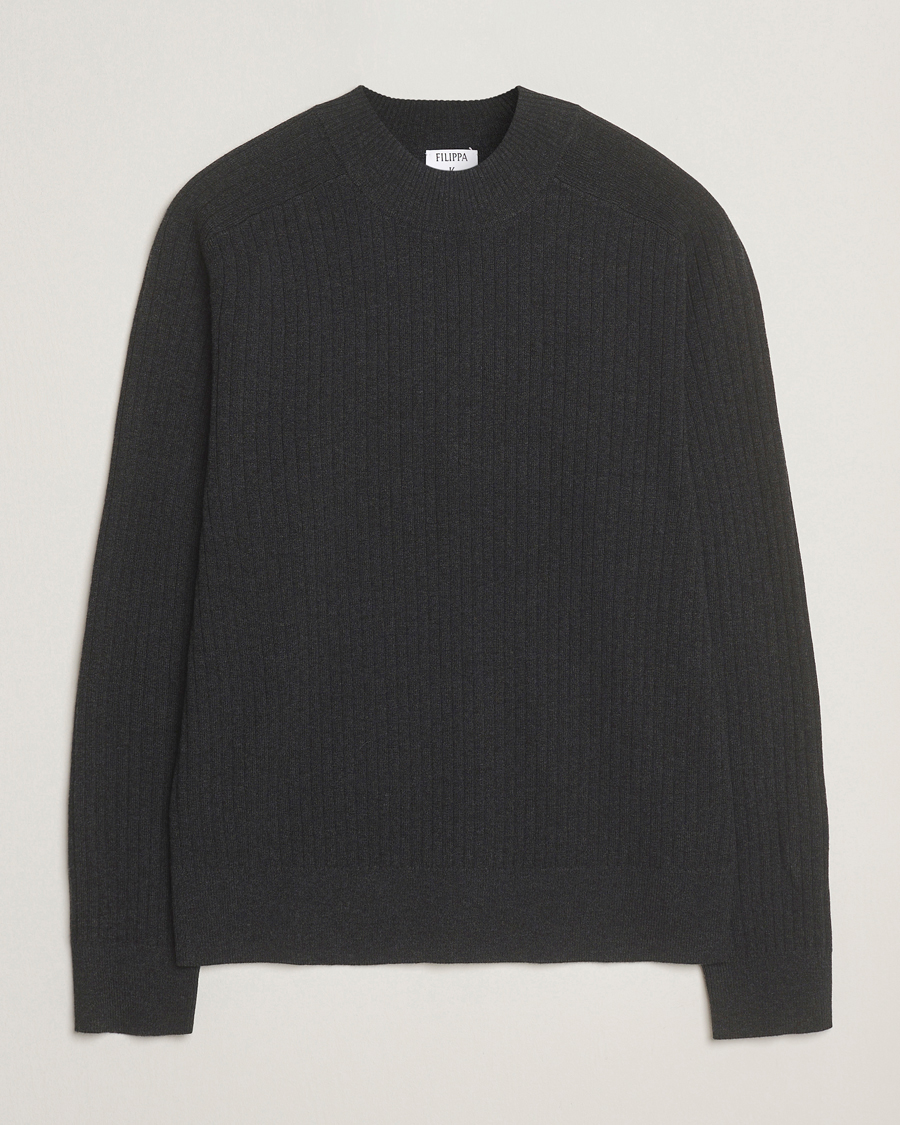 Heren | Truien | Filippa K | Cotton Merino Knitted Mock Neck Sweater Anthracite Melange