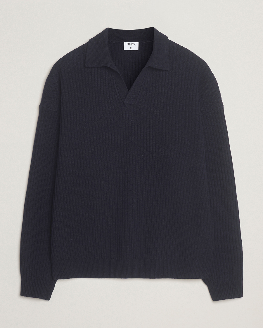 Heren | Truien | Filippa K | Ribbed Wool Polo Shirt Navy