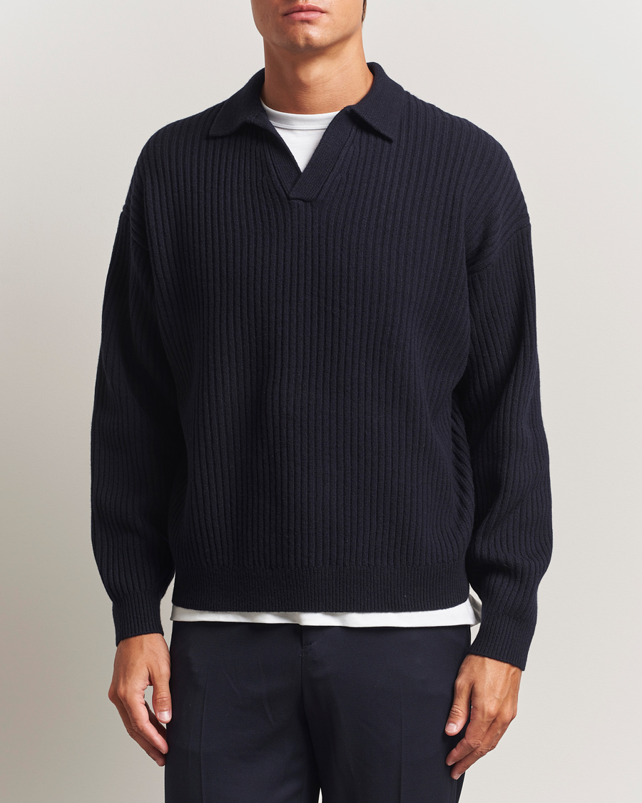 Heren | Truien | Filippa K | Ribbed Wool Polo Shirt Navy