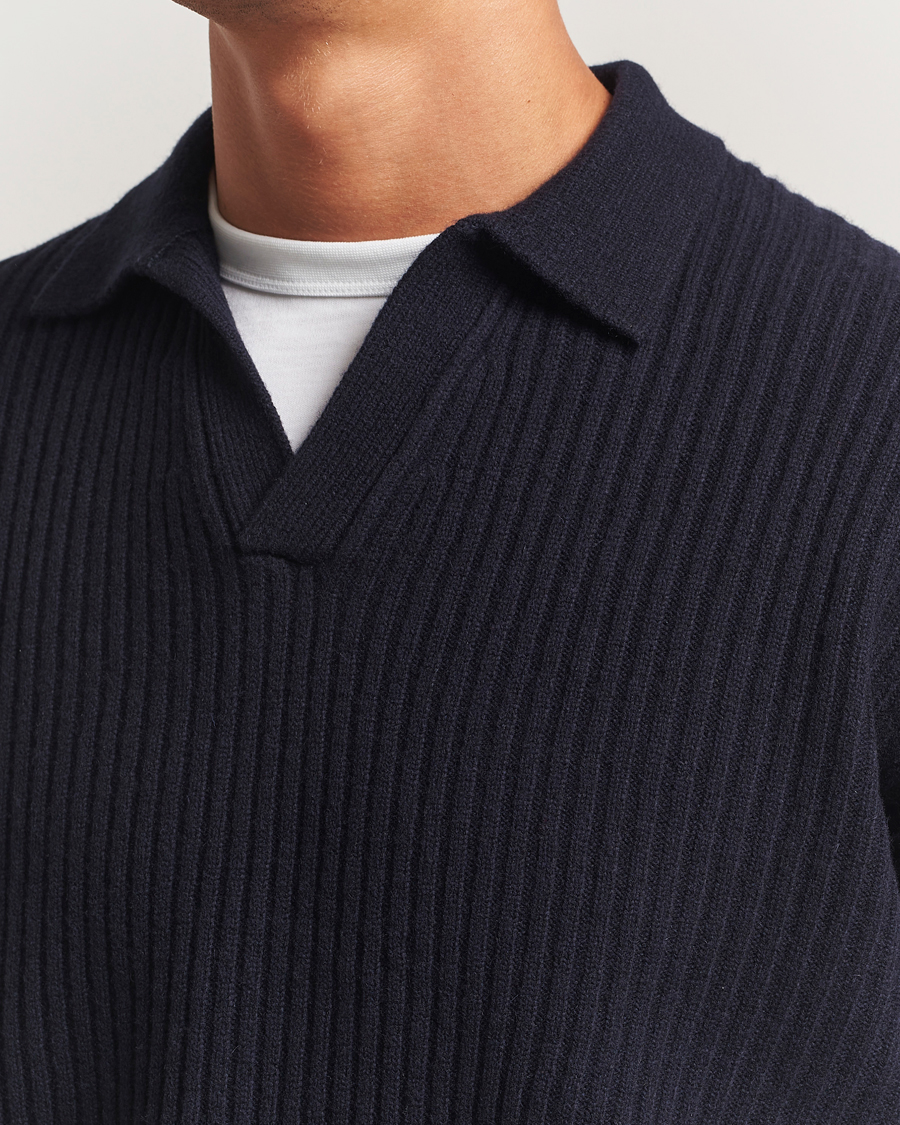 Heren | Truien | Filippa K | Ribbed Wool Polo Shirt Navy