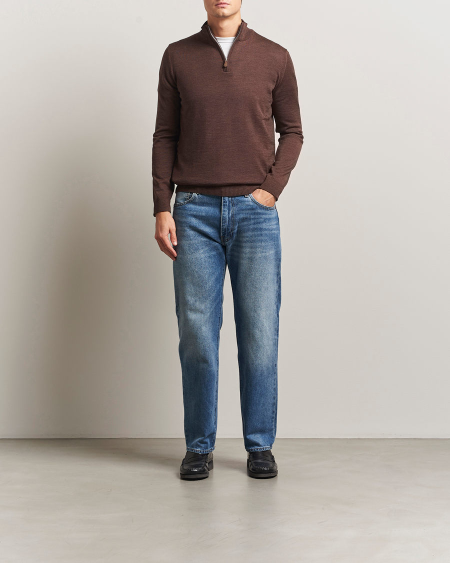 Heren | Truien | Stenströms | Merino Half-Zip Dark Brown