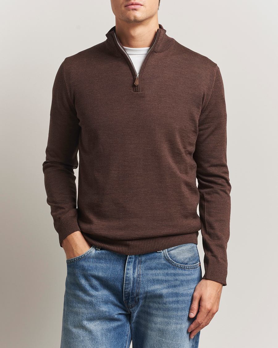 Heren | Truien | Stenströms | Merino Half-Zip Dark Brown