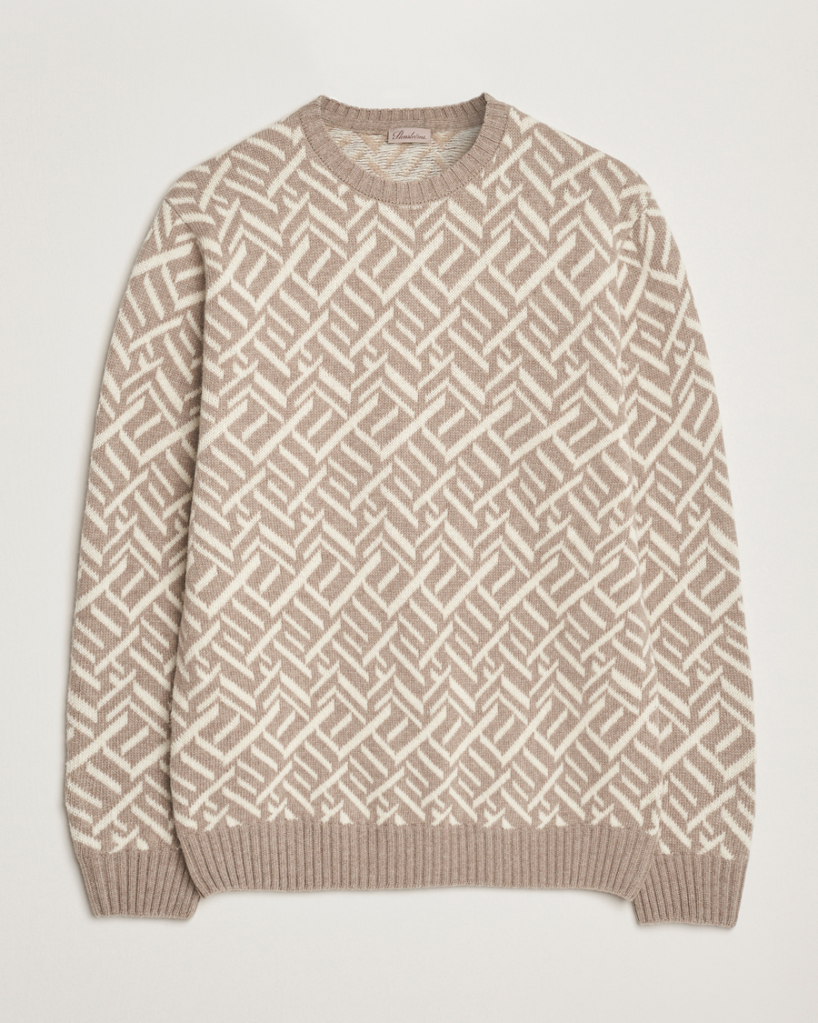 Heren | Truien | Stenströms | Brushed Merino Vintage Pattern Crew Neck White/Brown