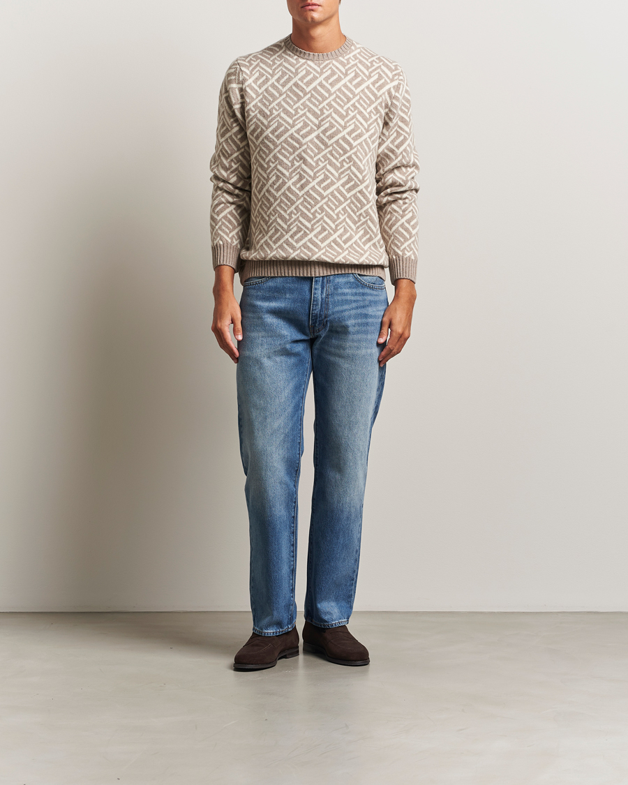 Heren | Truien | Stenströms | Brushed Merino Vintage Pattern Crew Neck White/Brown