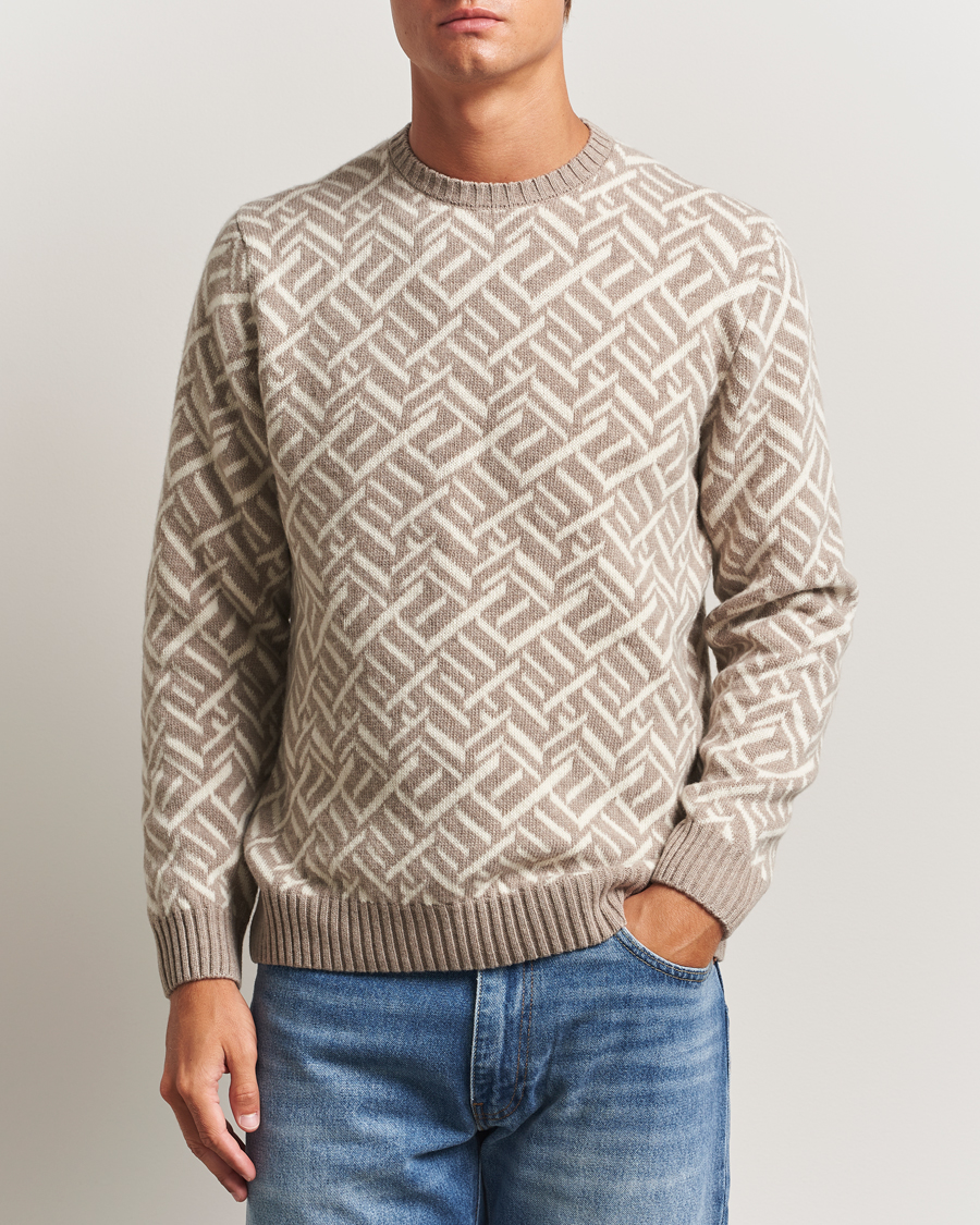Heren | Truien | Stenströms | Brushed Merino Vintage Pattern Crew Neck White/Brown