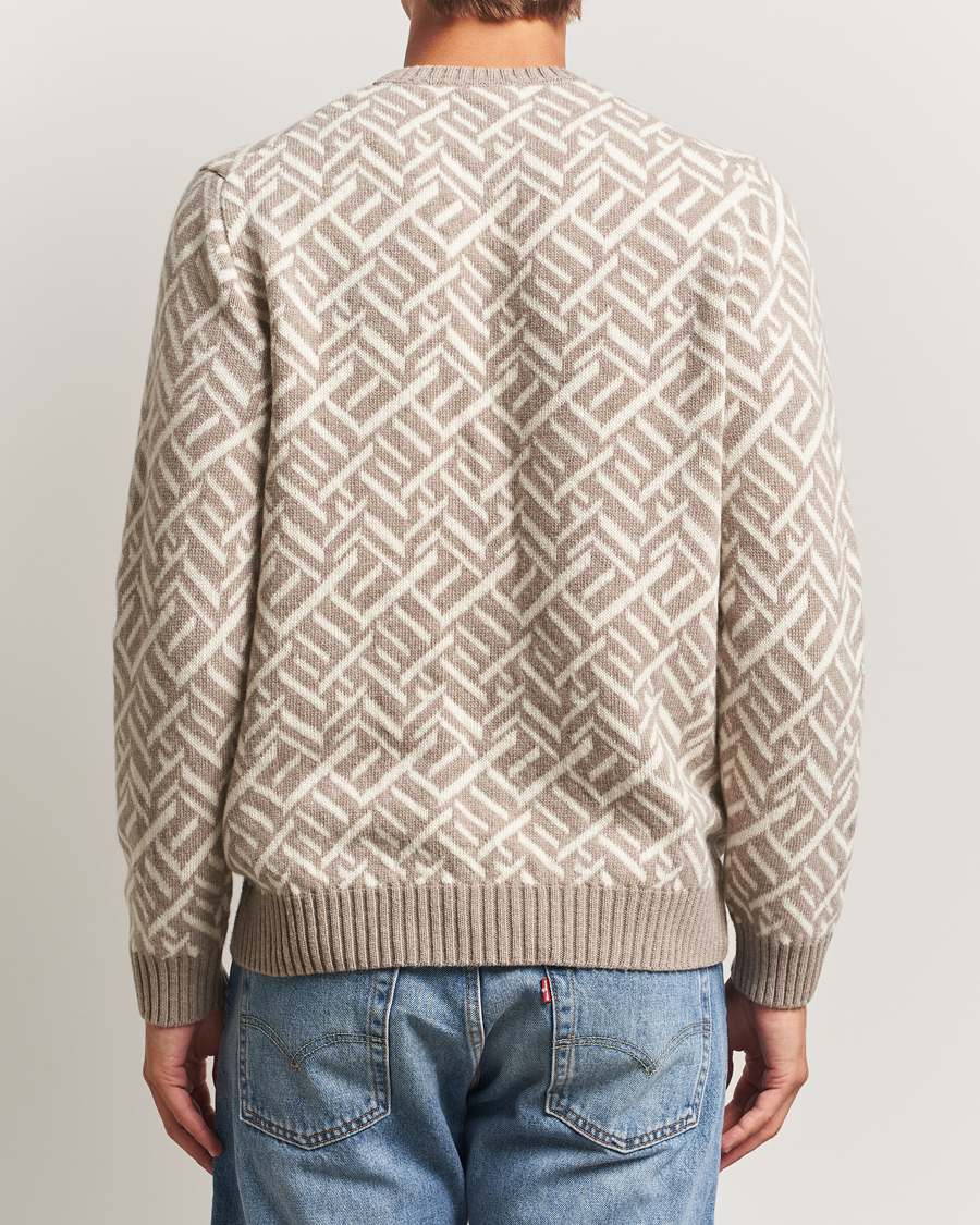 Heren | Truien | Stenströms | Brushed Merino Vintage Pattern Crew Neck White/Brown