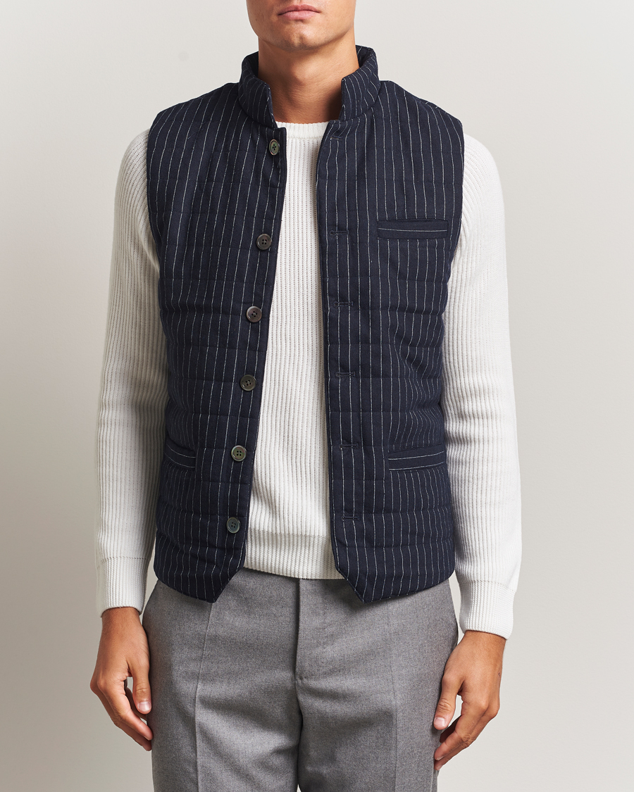 Heren | Gilets | Stenströms | Wool Pinstripe Padded Vest Blue