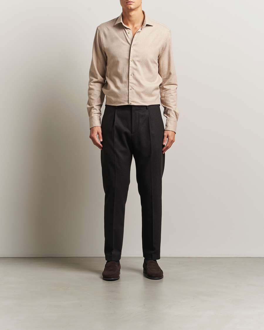 Heren | Overhemden | Stenströms | Regular Fit Cut Away Flannel Shirt Beige
