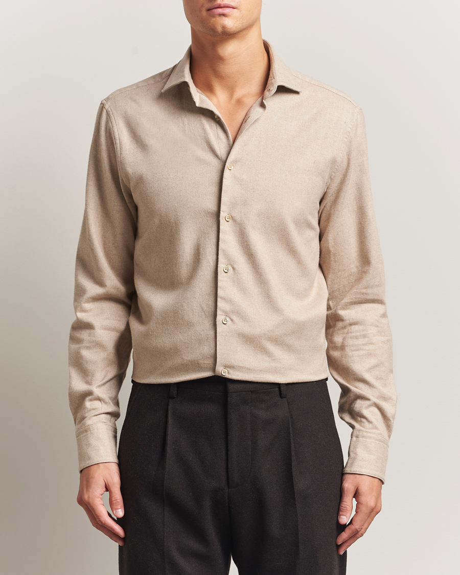 Heren | Overhemden | Stenströms | Regular Fit Cut Away Flannel Shirt Beige