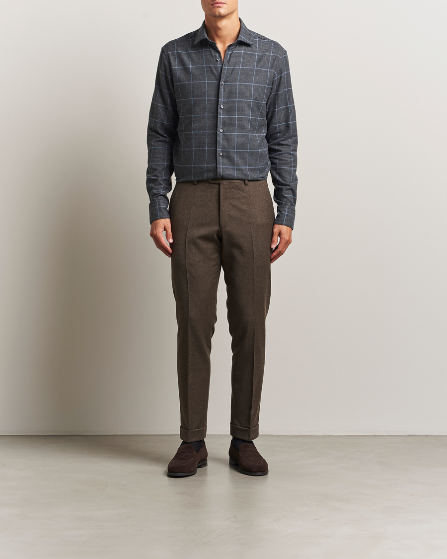 Heren | Overhemden | Stenströms | Regular Fit Overcheck Flannel Shirt Dark Grey