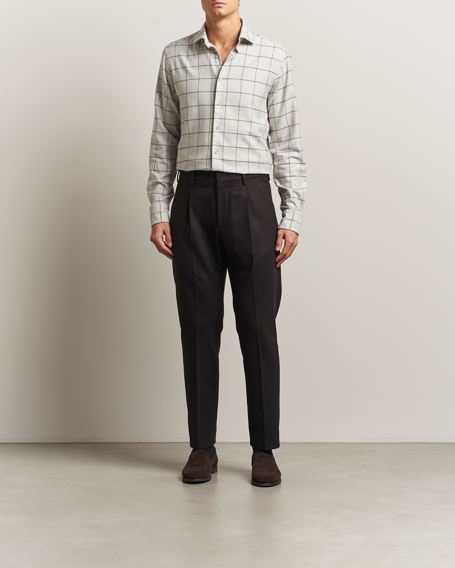 Heren | Overhemden | Stenströms | Regular Fit Overcheck Flannel Shirt Light Grey