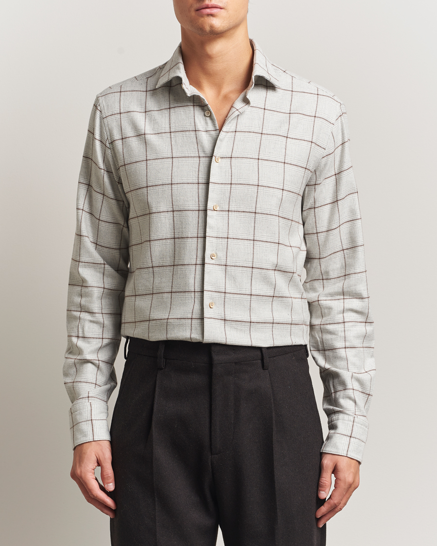 Heren | Overhemden | Stenströms | Regular Fit Overcheck Flannel Shirt Light Grey