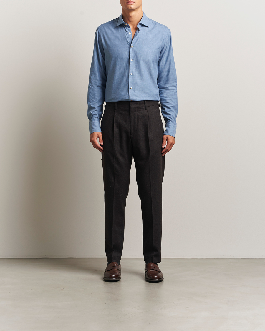 Heren | Overhemden | Stenströms | Regular Fit Brushed Mini Herringbone Shirt Blue