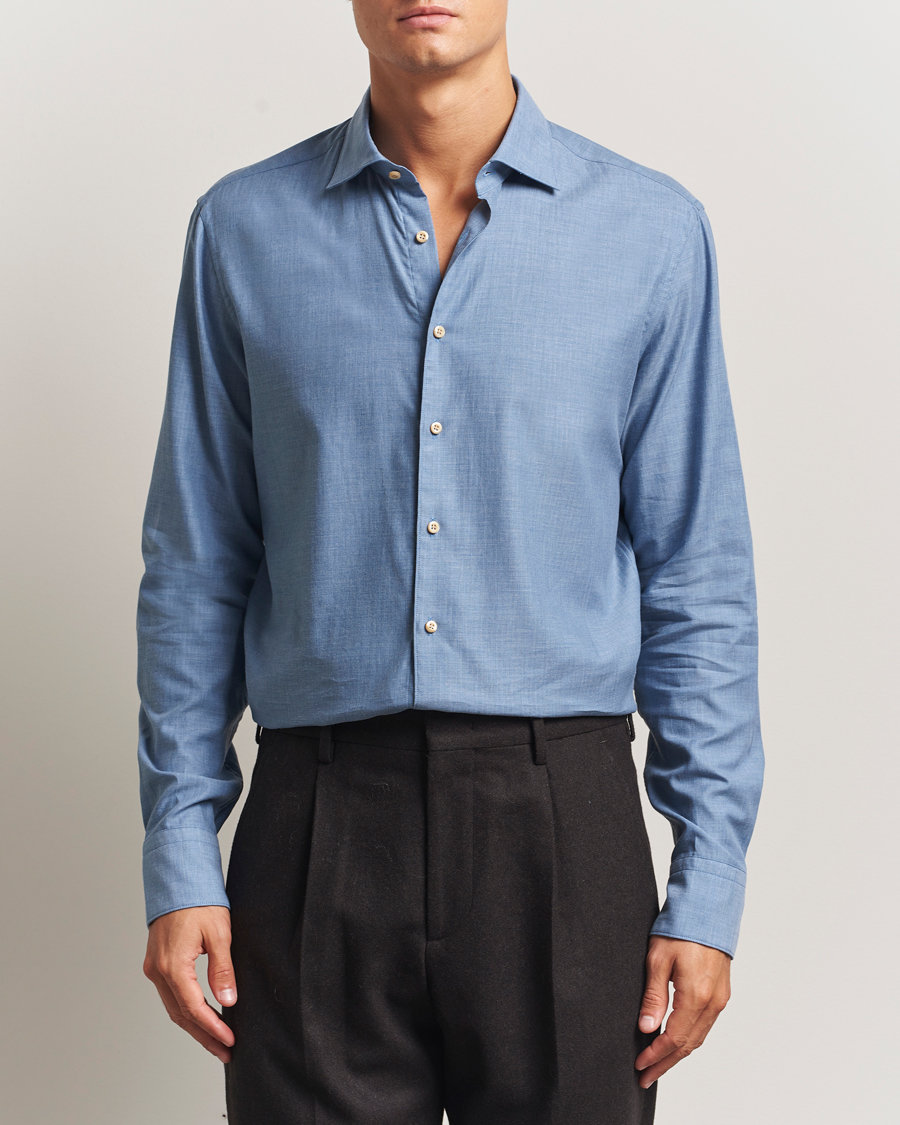 Heren | Overhemden | Stenströms | Regular Fit Brushed Mini Herringbone Shirt Blue
