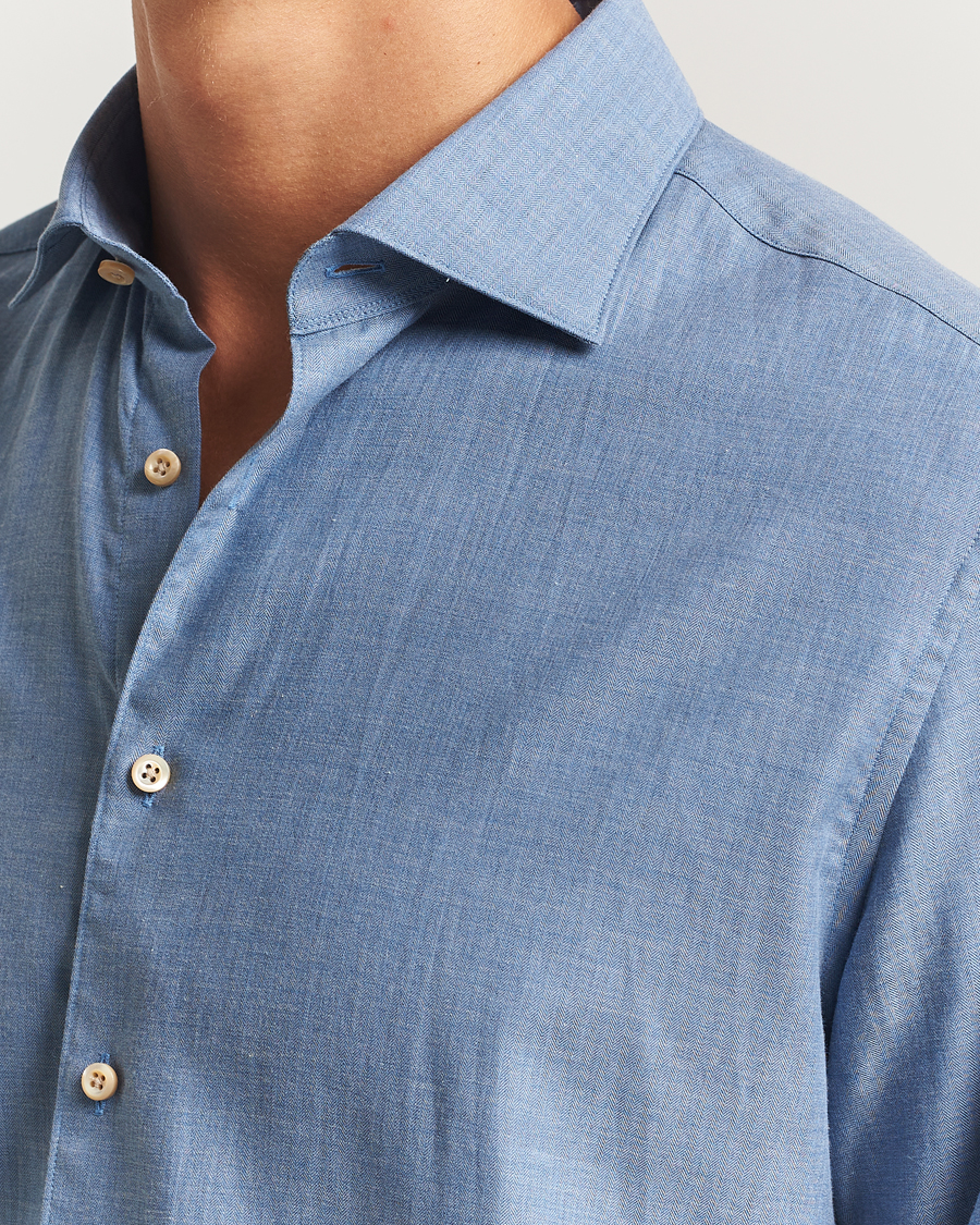Heren | Overhemden | Stenströms | Regular Fit Brushed Mini Herringbone Shirt Blue
