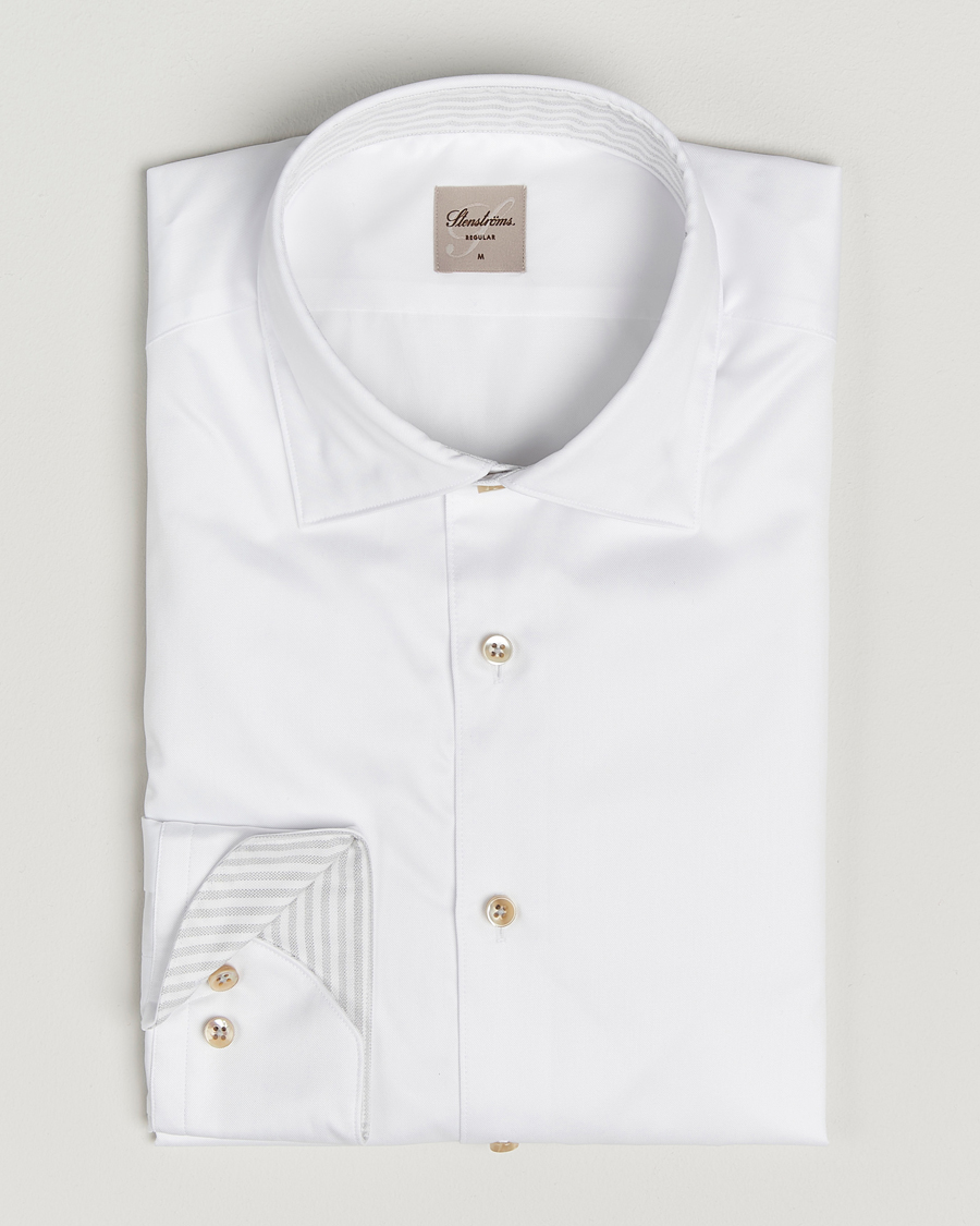 Heren | Overhemden | Stenströms | Regular Fit Cotton Twill Contrast Shirt White