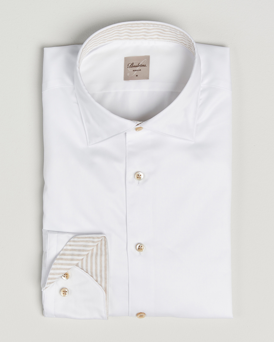 Heren | Overhemden | Stenströms | Regular Fit Cotton Twill Contrast Shirt White