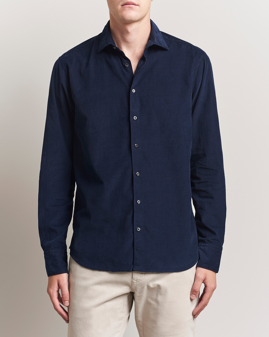 Heren | Overhemden | Stenströms | Regular Fit Cut Away Cord Shirt Navy
