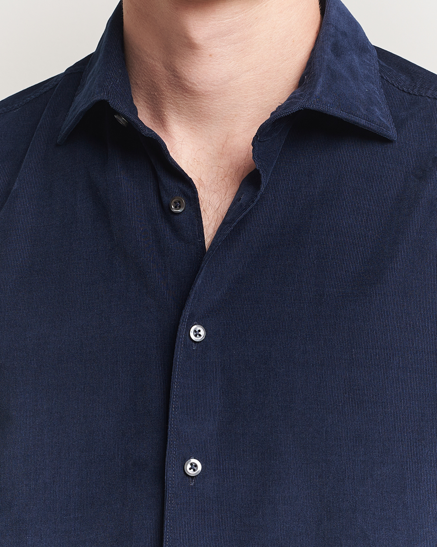 Heren | Overhemden | Stenströms | Regular Fit Cut Away Cord Shirt Navy