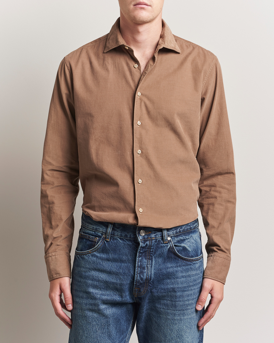 Heren | Overhemden | Stenströms | Regular Fit Cut Away Cord Shirt Brown