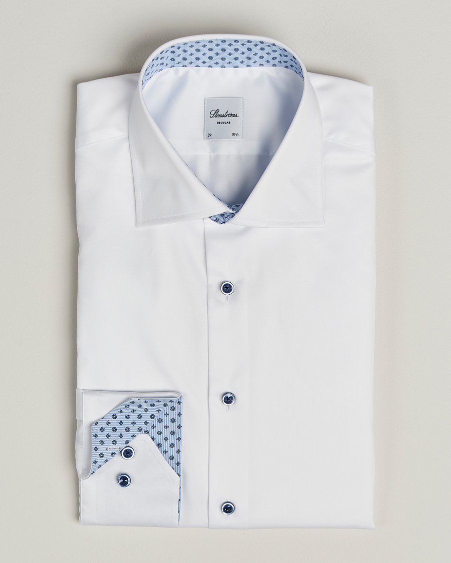 Heren | Overhemden | Stenströms | Regular Fit Cotton Twill Contrast Shirt White